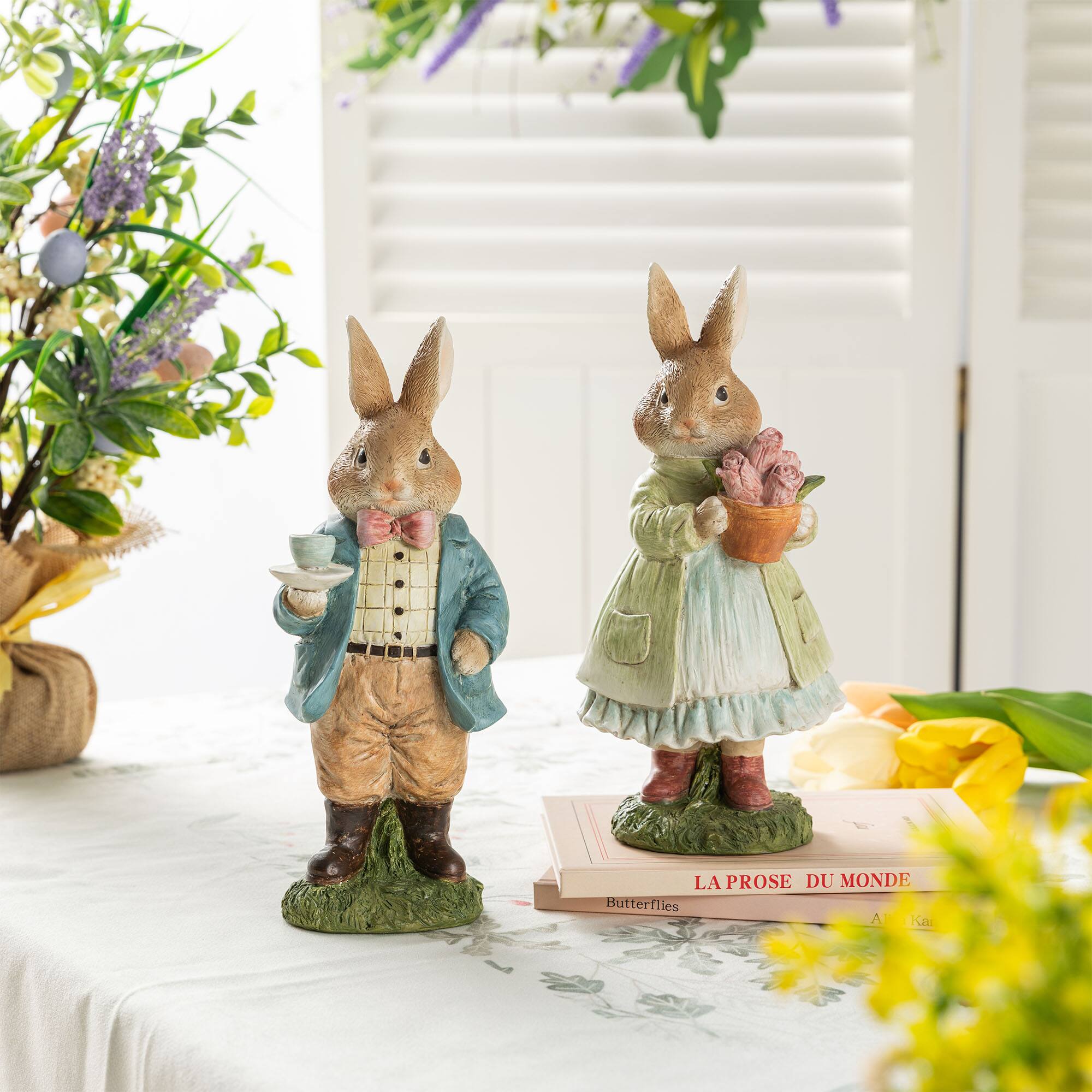 Glitzhome® 9.75" Easter Resin Bunny Couple with Coffee and Tulips Table Decor